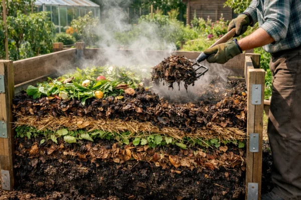 Zreli kompost u vrtu s vidljivim slojevima organskog materijala i vrtlarom koji ga okreće