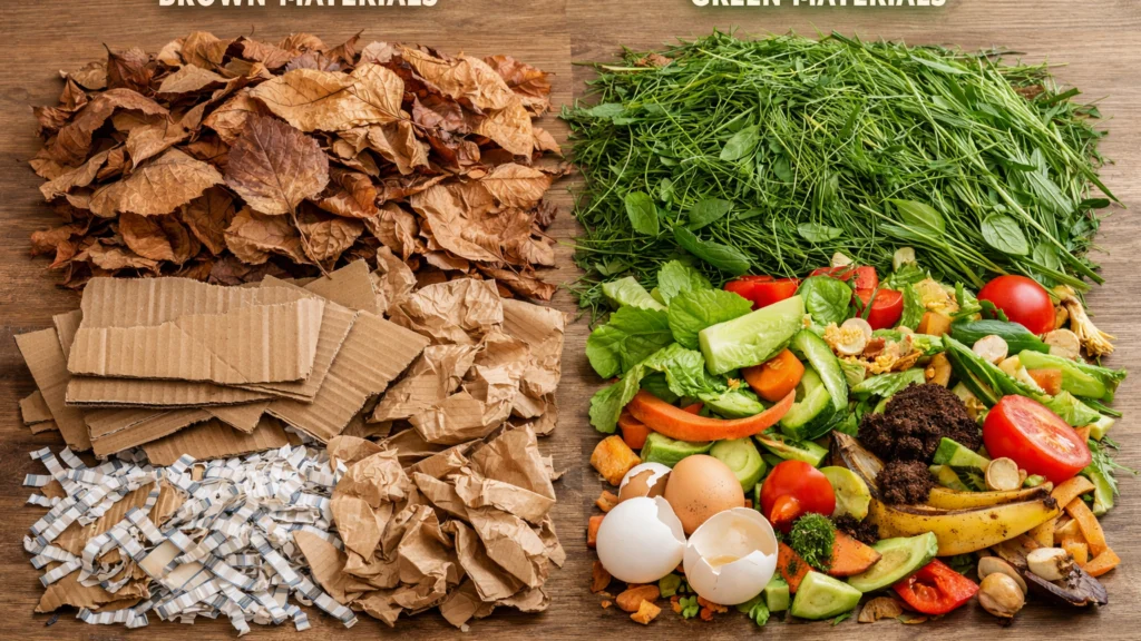 Zeleni i smeđi materijali za kompost prikazani u pravilnom omjeru