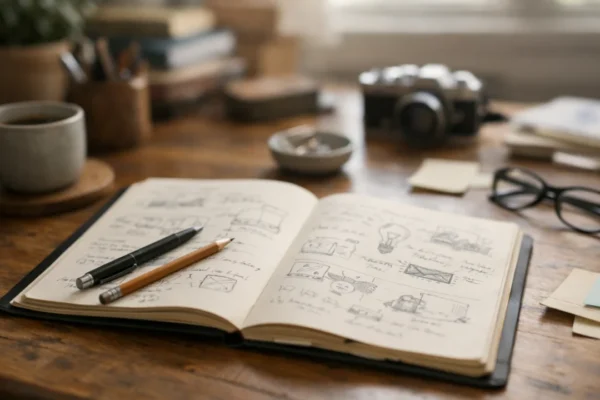 Kreativna bilježnica na radnom stolu kao prostor za razvoj ideja