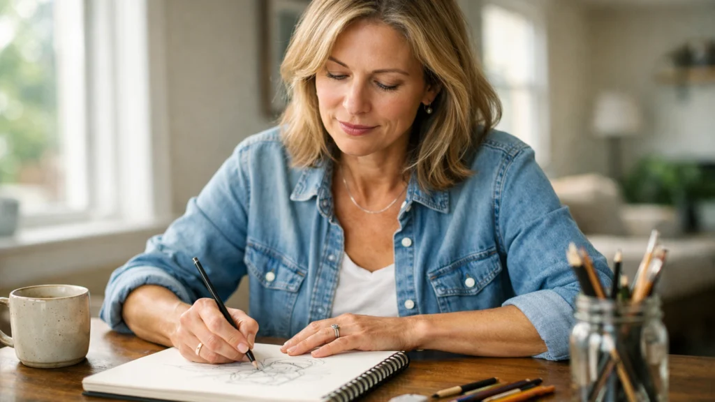 Žena u srednjim godinama koja je kasno započela crtati kod kuće