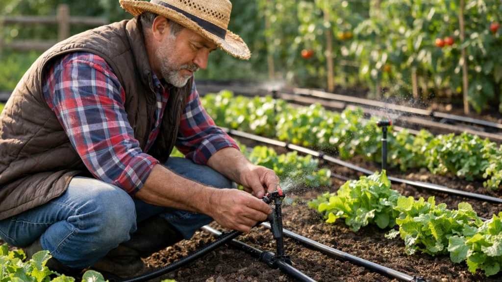 Poljoprivrednik provjerava sustav navodnjavanja u vrtu