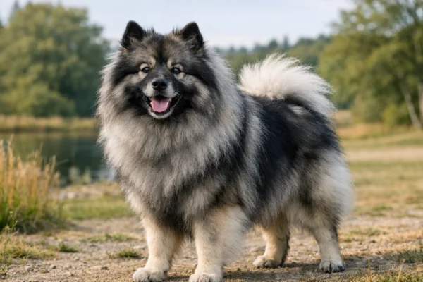 Keeshond pas u prirodi s prepoznatljivim nasmijanim izrazom i gustom dlakom