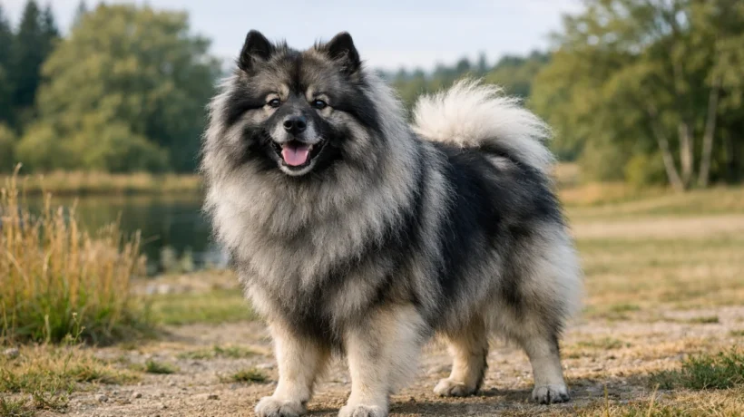 Keeshond pas u prirodi s prepoznatljivim nasmijanim izrazom i gustom dlakom