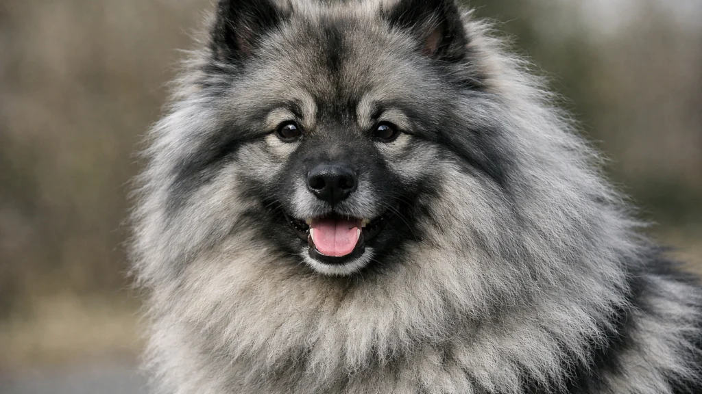 Keeshond pasmina s gustom sivo-crnom dlakom i prijateljskim izrazom