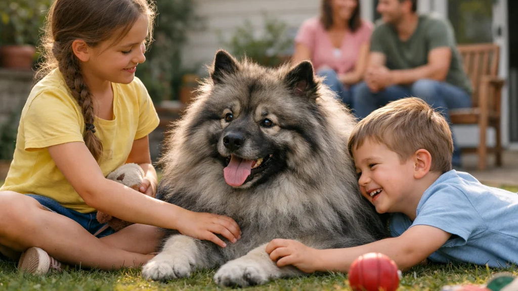 Keeshond kao obiteljski pas u igri s djecom u sigurnom okruženju