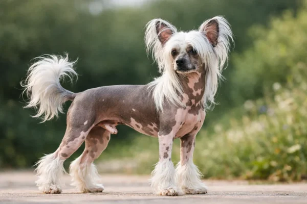 Kineski crested pas na otvorenom, prepoznatljiva gola koža i čuperci dlake