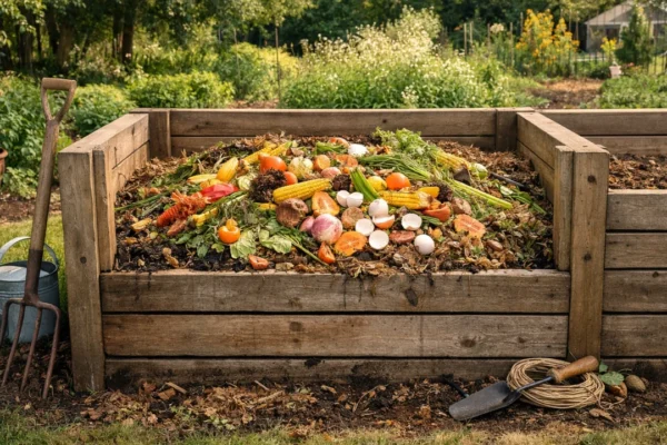 Kompostna hrpa s ostacima voća i povrća u kućnom vrtu