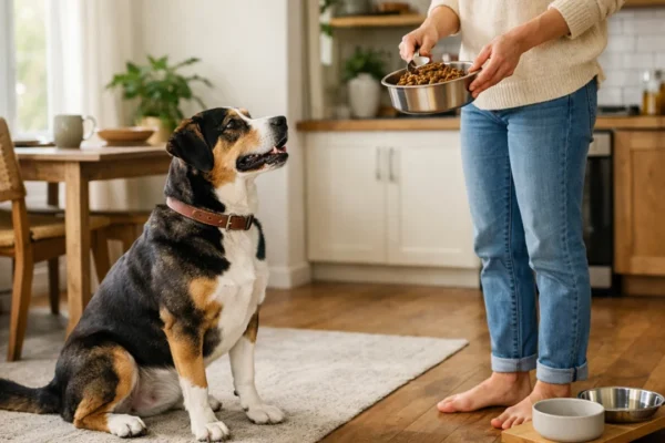 Vlasnik hrani psa u domu, prikaz pravilne učestalosti hranjenja psa prema dobi