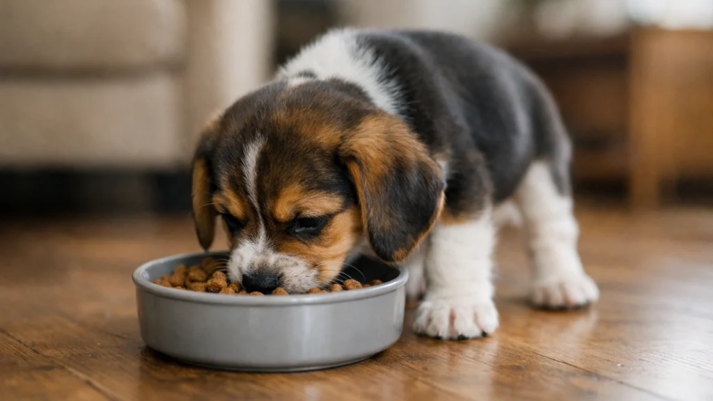 Štene jede obrok kod kuće, primjer češćeg hranjenja psa u ranoj dobi
