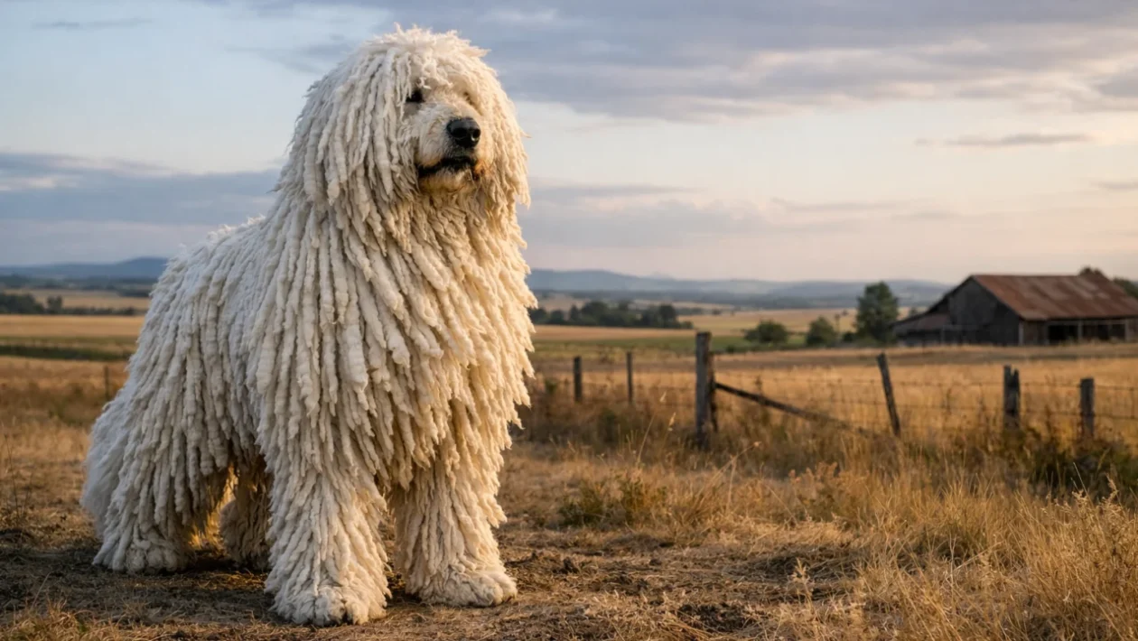 Komondor pas čuvar s jedinstvenom dlakom na otvorenom ruralnom imanju