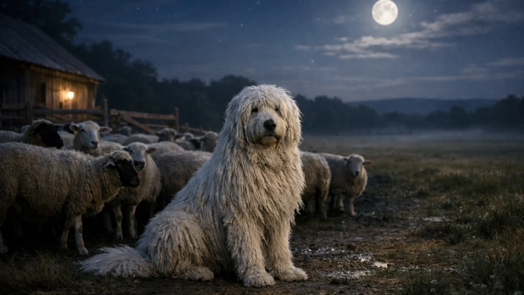 Komondor noću čuva ovce na farmi