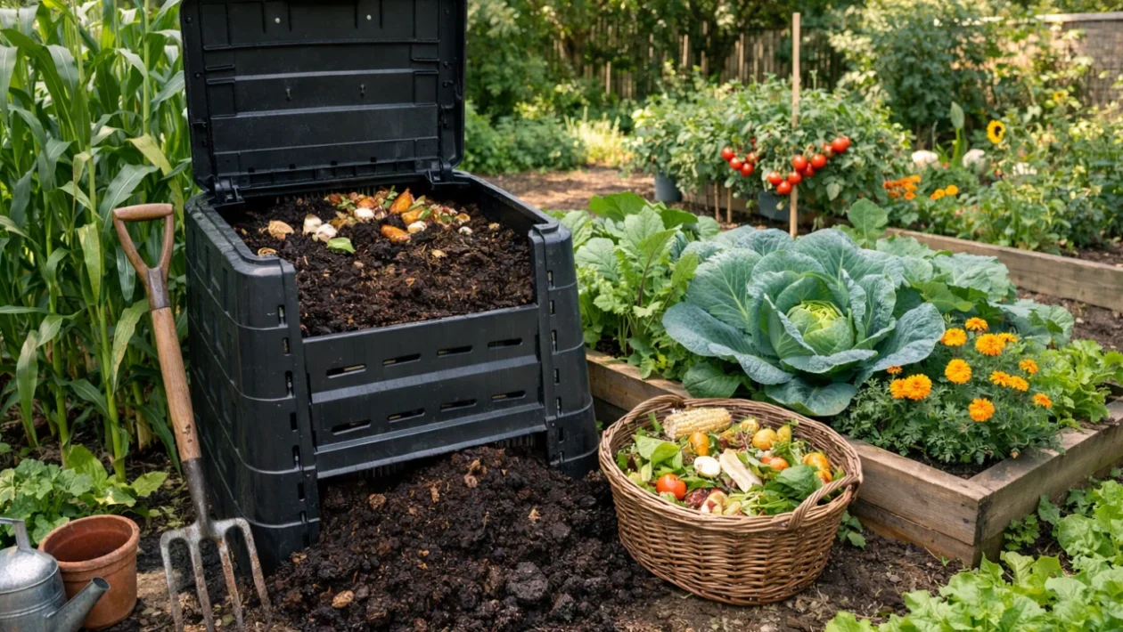 Kućno kompostiranje u vrtu s komposterom i bogatom zemljom