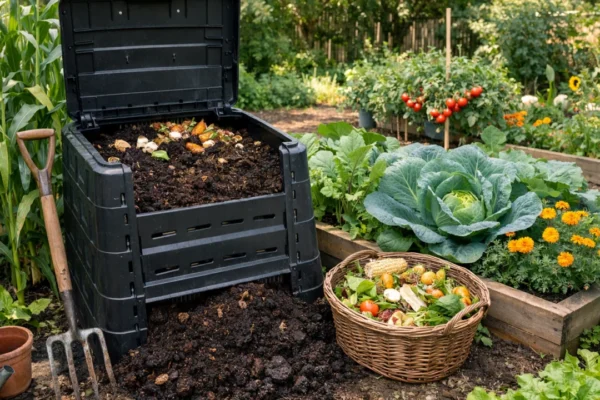 Kućno kompostiranje u vrtu s komposterom i bogatom zemljom