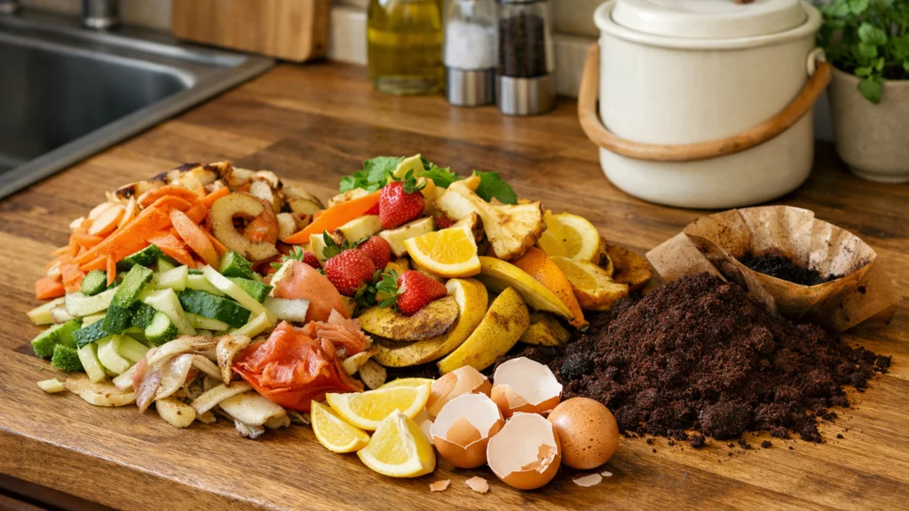 Kuhinjski biootpad poput ostataka povrća spreman za kompostiranje