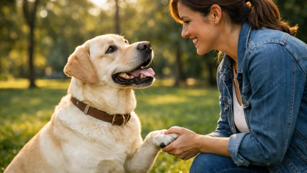 Društveni labrador retriver u interakciji s vlasnikom u parku