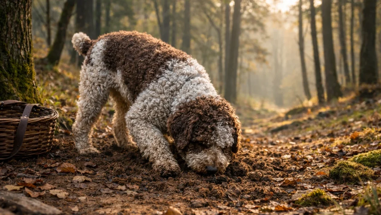 Lagotto romagnolo u šumi tijekom potrage za tartufima u Italiji