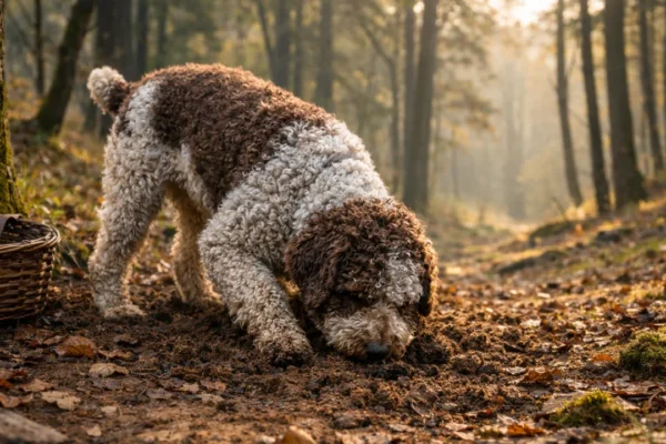 Lagotto romagnolo u šumi tijekom potrage za tartufima u Italiji