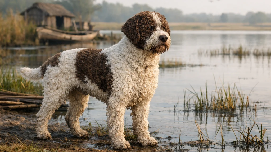 Lagotto romagnolo kao vodeni pas uz jezero u prirodnom okruženju