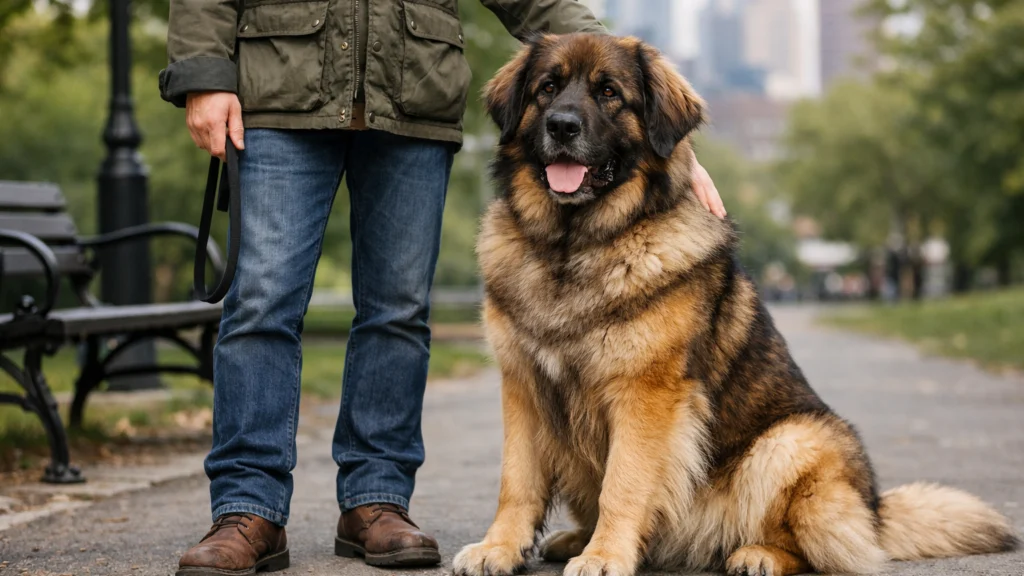 Leonberger mirnog karaktera sjedi uz vlasnika u parku