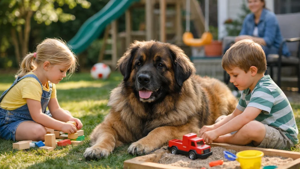 Leonberger pas nježno leži kraj djece u obiteljskom dvorištu