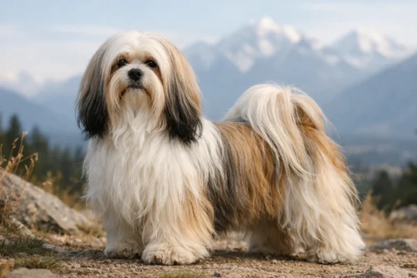 Lhasa apso pasmina s dugom dlakom i samouvjerenim stavom u prirodnom okruženju