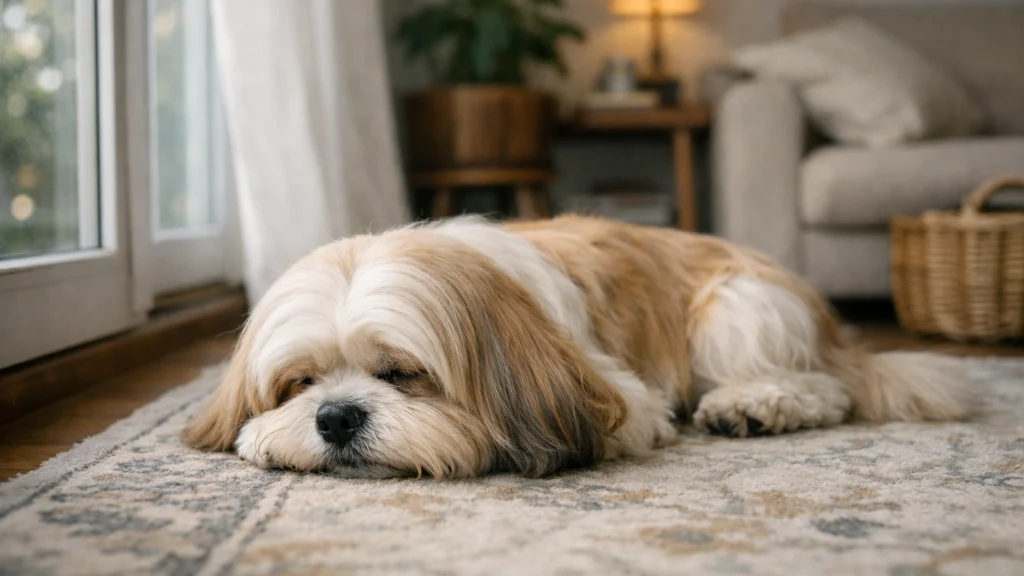 Lhasa apso u stanu mirno leži i prilagođen je životu u zatvorenom prostoru