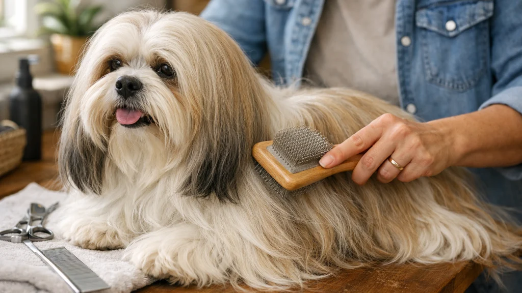 Njega dlake Lhasa apso psa uz redovito četkanje u kućnom okruženju