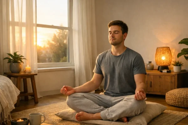 Meditacija za početnike u mirnom jutarnjem okruženju kod kuće