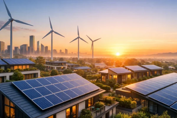 Međunarodni dan čiste energije prikazuje moderan grad s obnovljivim izvorima i energetskom učinkovitošću