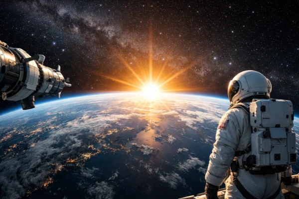 Svemirska letjelica u orbiti Zemlje simbolizira Međunarodni dan ljudskih svemirskih letova i početak istraživanja svemira