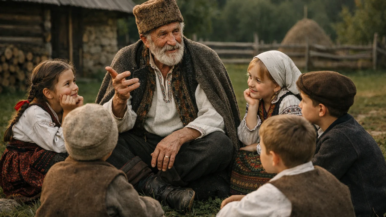Starija osoba prenosi usmenu tradiciju i jezik djeci u maloj zajednici, očuvanje kulturne baštine