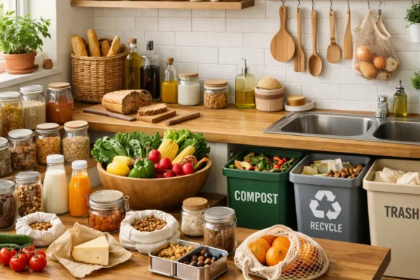 Kuhinja s primjerima nultog otpada, višekratne posude, odvajanje otpada i hrana bez ambalaže u modernom domu