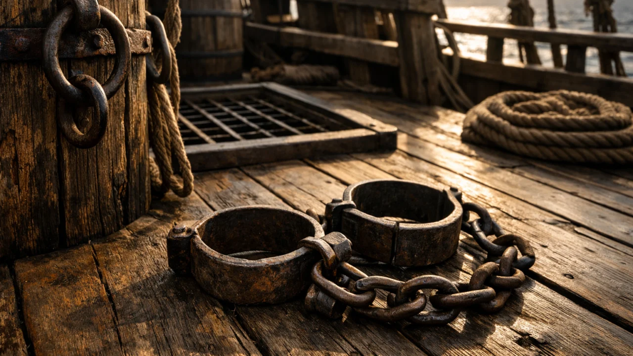 Detalji broda transatlantske trgovine robljem s lancima i palubom, prikaz povijesnih uvjeta transporta robova