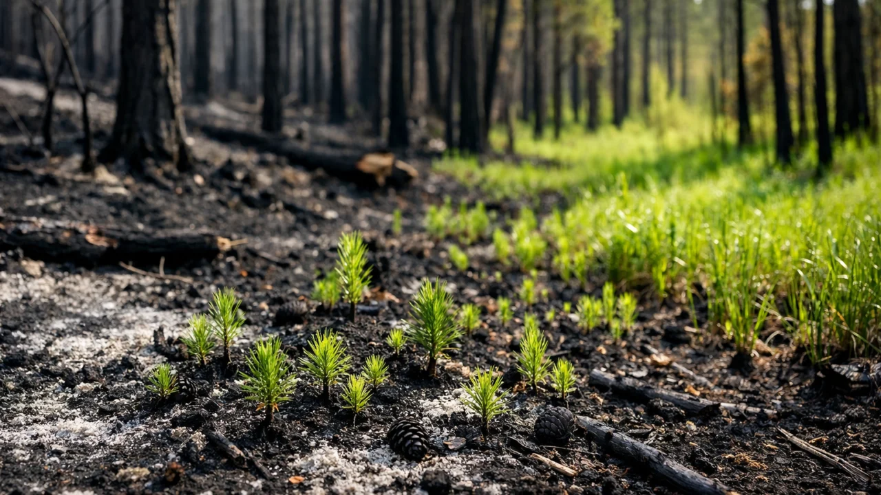 Obnova šume nakon požara s novim sadnicama, prikaz važnosti pošumljavanja i otpornosti ekosustava