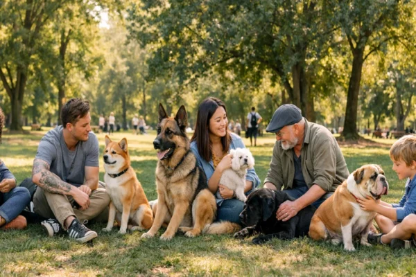Različite pasmine pasa s vlasnicima u parku, simbol razbijanja mitova o psima