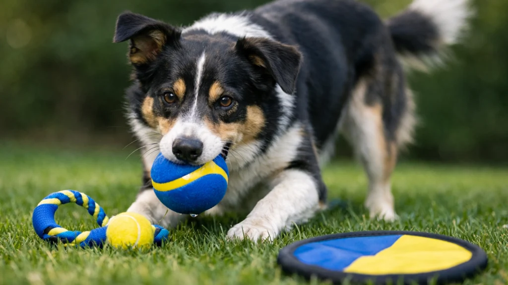 Pas koji se igra plavim i žutim igračkama, prikaz kako psi razlikuju boje