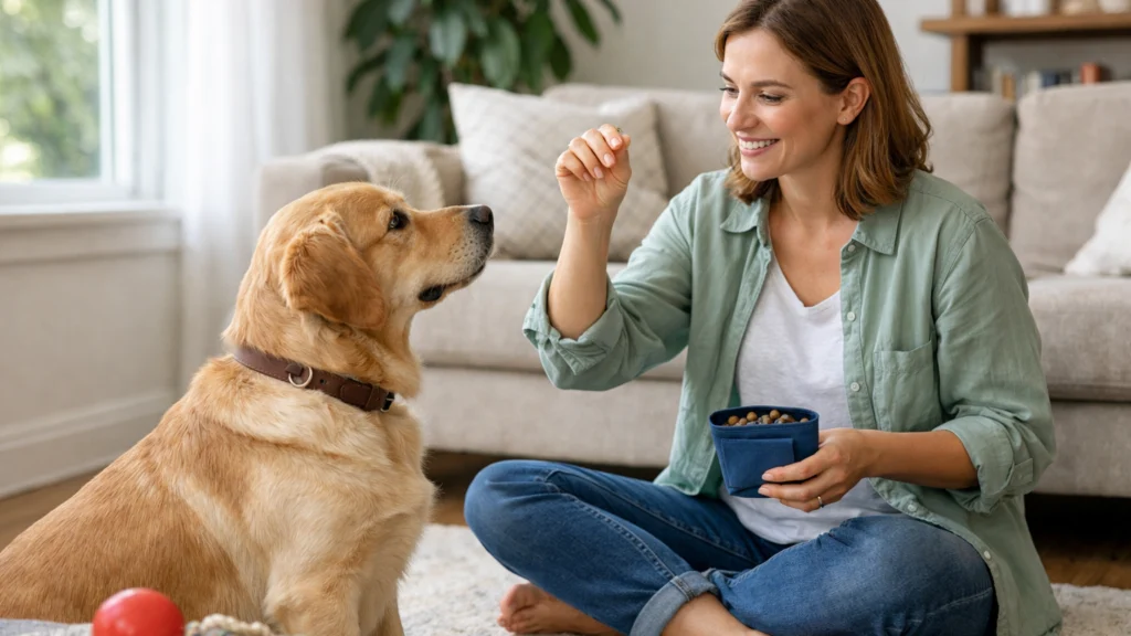 Vlasnik nagrađuje psa tijekom pozitivnog treninga bez kazne