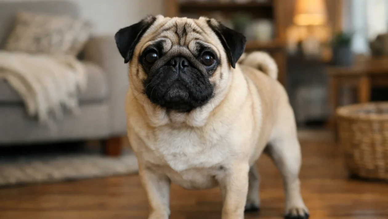 Mops u kućnom okruženju – karakterističan izgled i izražajne oči pasmine