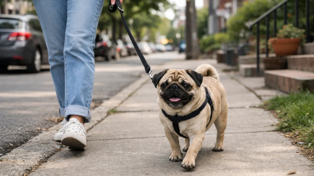 Mops u svakodnevnoj šetnji s vlasnikom u mirnom naselju