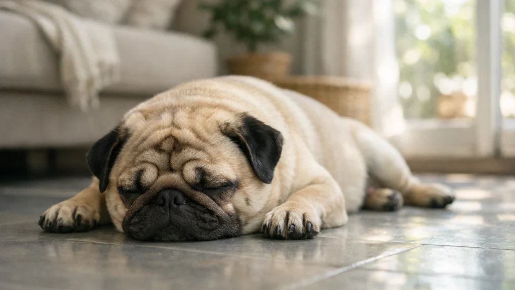 Mops odmara u stanu tijekom toplih ljetnih dana
