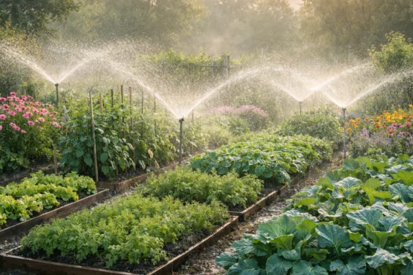Navodnjavanje vrta s bujnim povrćem i cvijećem u ranim jutarnjim satima