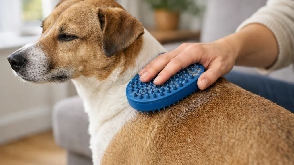 Četkanje psa kratke dlake gumenom četkom u kućnom okruženju