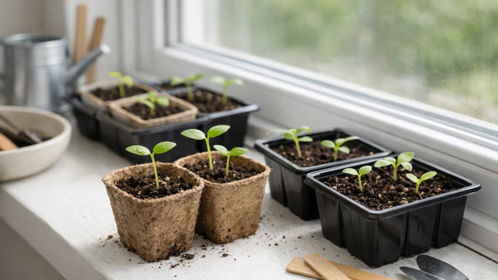 Mladi izbojci presadnica u ranoj fazi rasta na prirodnom svjetlu