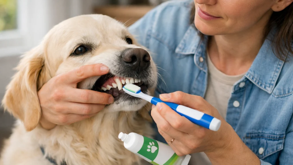 Vlasnik pere zube psu posebnom psećom četkicom i pastom