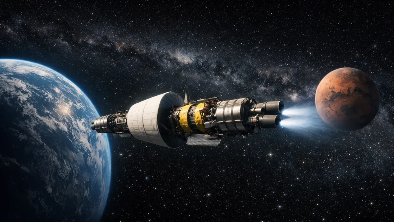 Nuklearni pogon u svemiru – prikaz svemirske letjelice s nuklearnim pogonom između Zemlje i Marsa
