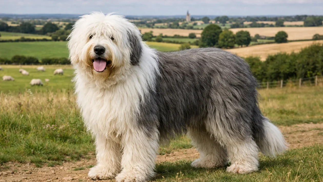 Old English Sheepdog u prirodi s prepoznatljivom dugom dlakom