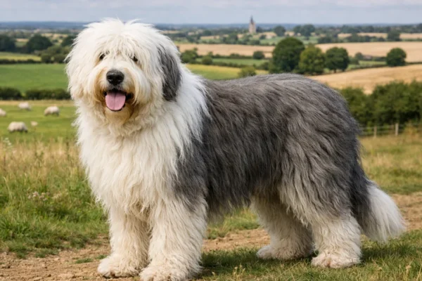 Old English Sheepdog u prirodi s prepoznatljivom dugom dlakom