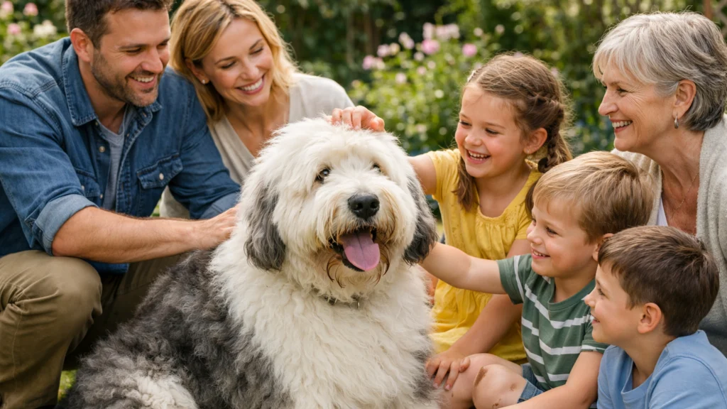 Old English Sheepdog kao obiteljski pas u dvorištu s djecom