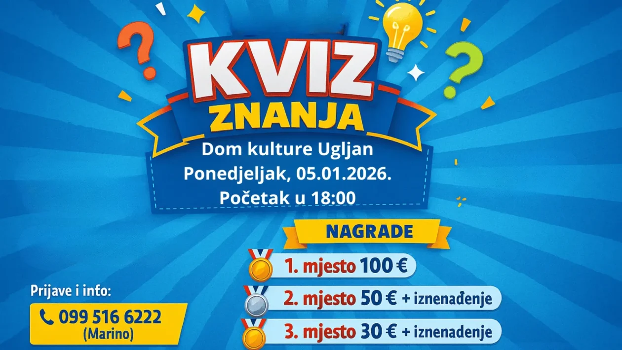 Plavi gradient s naslovom „Kviz znanja na Ugljanu“