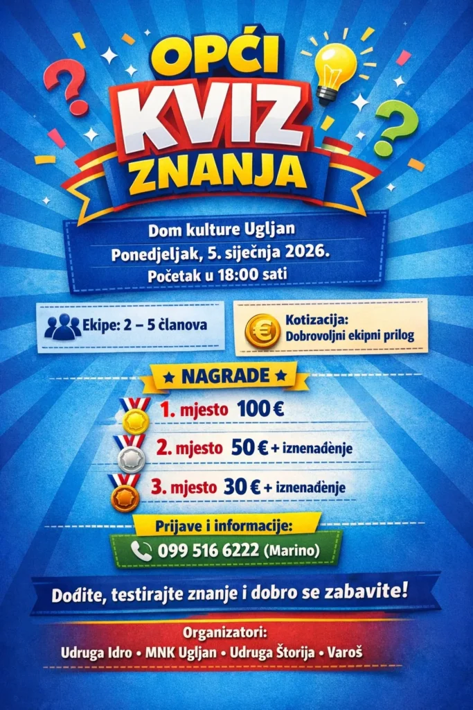 Plavi gradient s naslovom „Kviz znanja na Ugljanu“